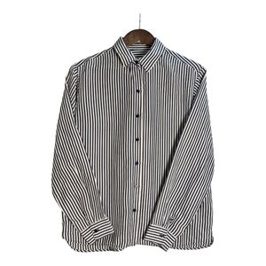 MaxMara Silk Long Sleeve Striped Button Down Shirt 8 Navy White Minimalist